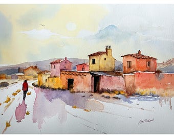 Southwest Adobe Village Watercolor Originals – Desert Road Scene, Hand-Signed by Artist