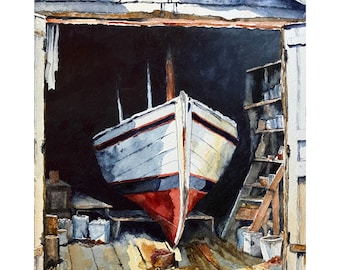 Original Watercolor Boat Painting, New England Boathouse Harbor Scene, Maritime Coastal Decor