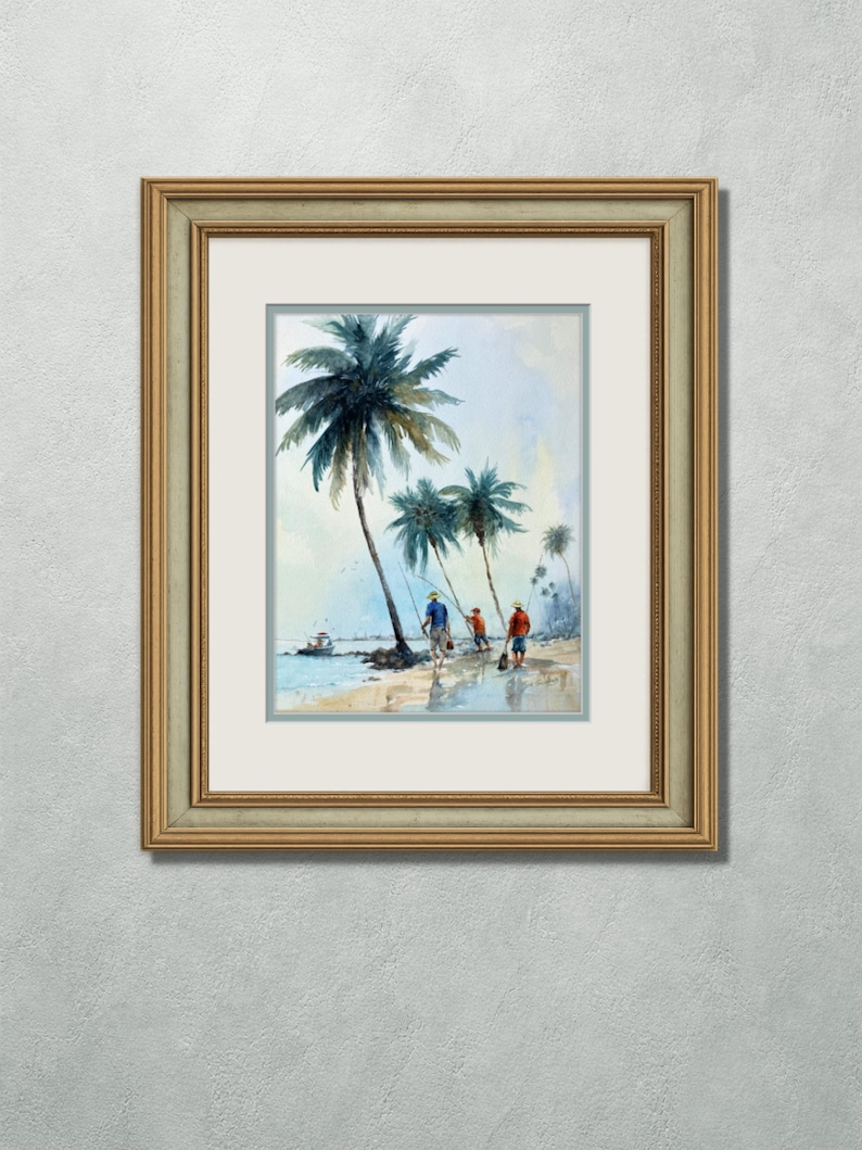 Original Watercolor Painting: Shoreline Fishing Under Palms – Coastal Beach Art bild 5