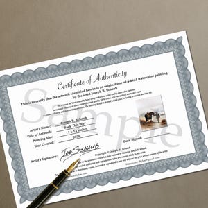 May include: A certificate of authenticity for a watercolor painting titled "Back This Way" by Joseph R. Schaub. The painting size is 11 x 14 inches and was created in 2026. The certificate includes the artist's signature and copyright information.