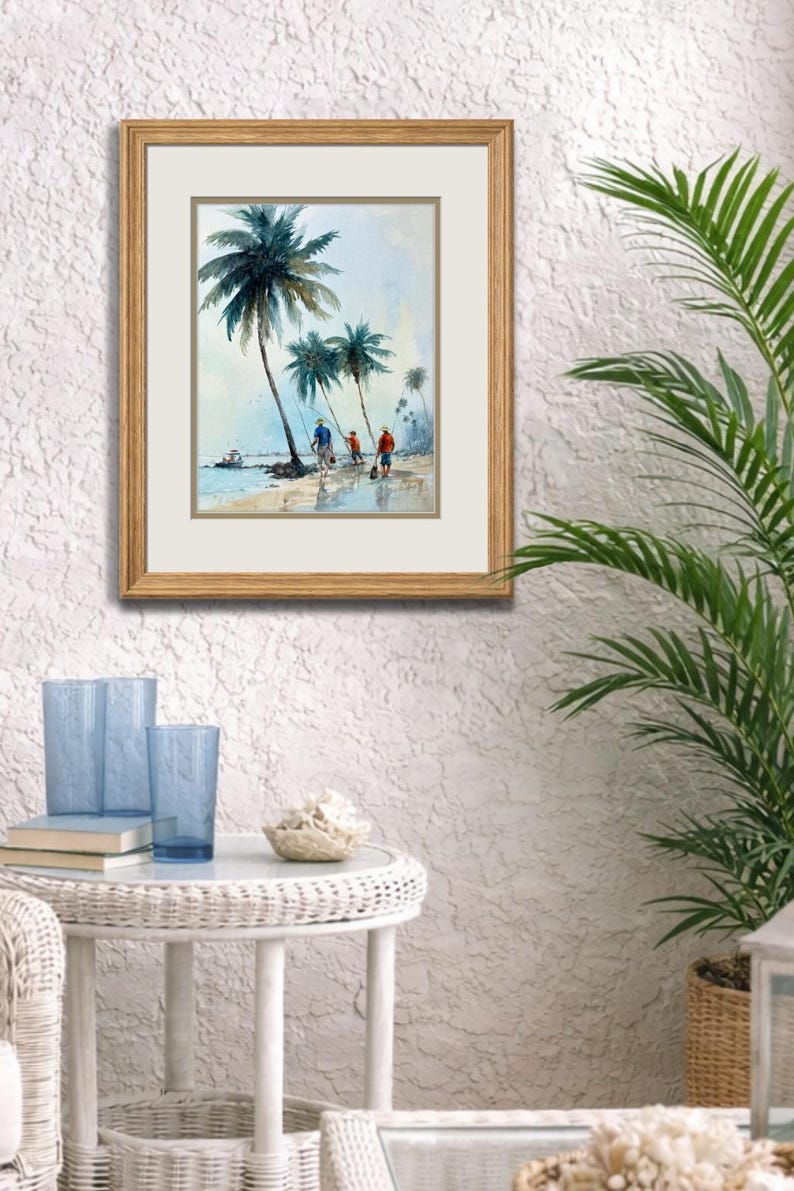 Original Watercolor Painting: Shoreline Fishing Under Palms – Coastal Beach Art bild 7