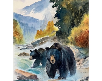 Black Bear Wall Art Original Watercolor Painting – Mountain Wildlife | Title: Bear Crossing