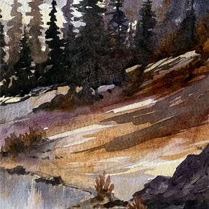 May include: Watercolor painting of a mountain landscape with a forest of dark green trees. The foreground features a river or lake with a rocky shoreline. The sky is a mix of light and dark colors.