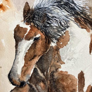May include: Watercolor painting of a horse's head, featuring a brown and white coat with a flowing mane of black and white hair. The artwork showcases the horse in profile, with detailed brushstrokes and a soft, artistic style.
