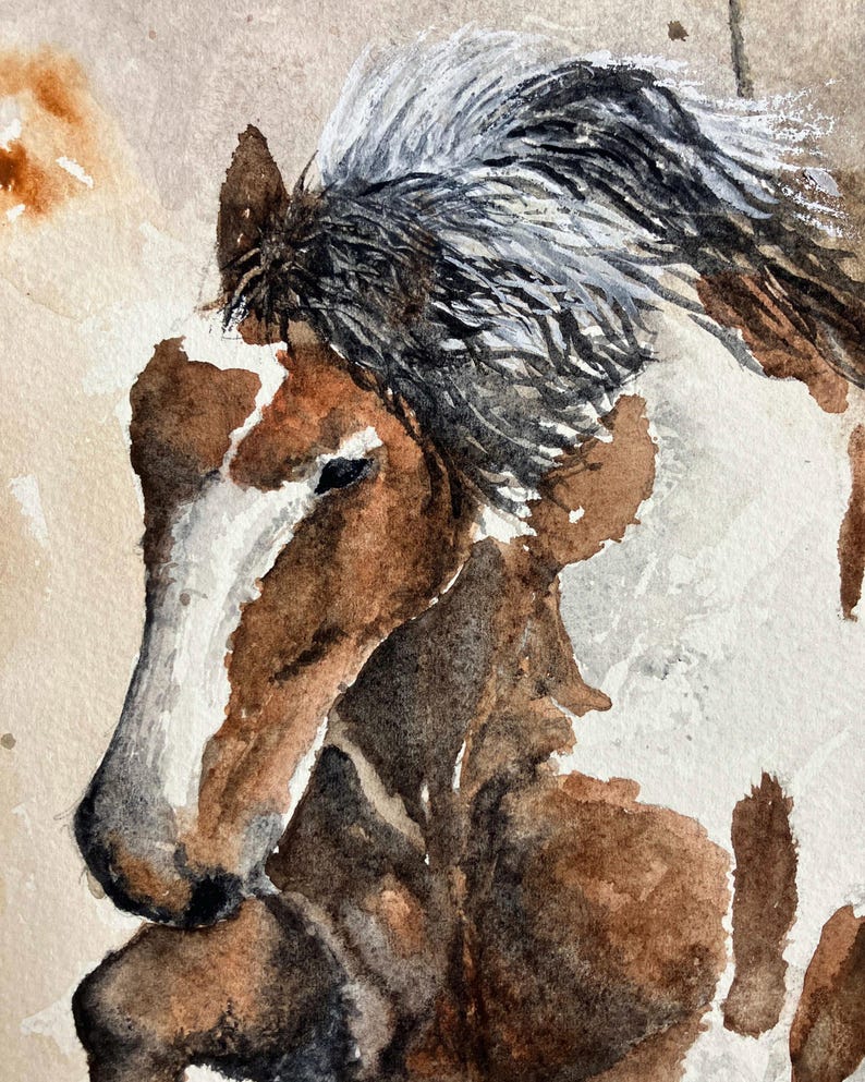 May include: Watercolor painting of a horse's head, featuring a brown and white coat with a flowing mane of black and white hair. The artwork showcases the horse in profile, with detailed brushstrokes and a soft, artistic style.