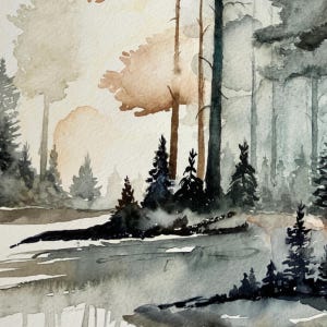 May include: A watercolor painting depicting a forest landscape with tall, dark evergreen trees and lighter, muted brown foliage. The scene features a misty, atmospheric quality with soft washes of gray, black, and warm tan tones across the paper.