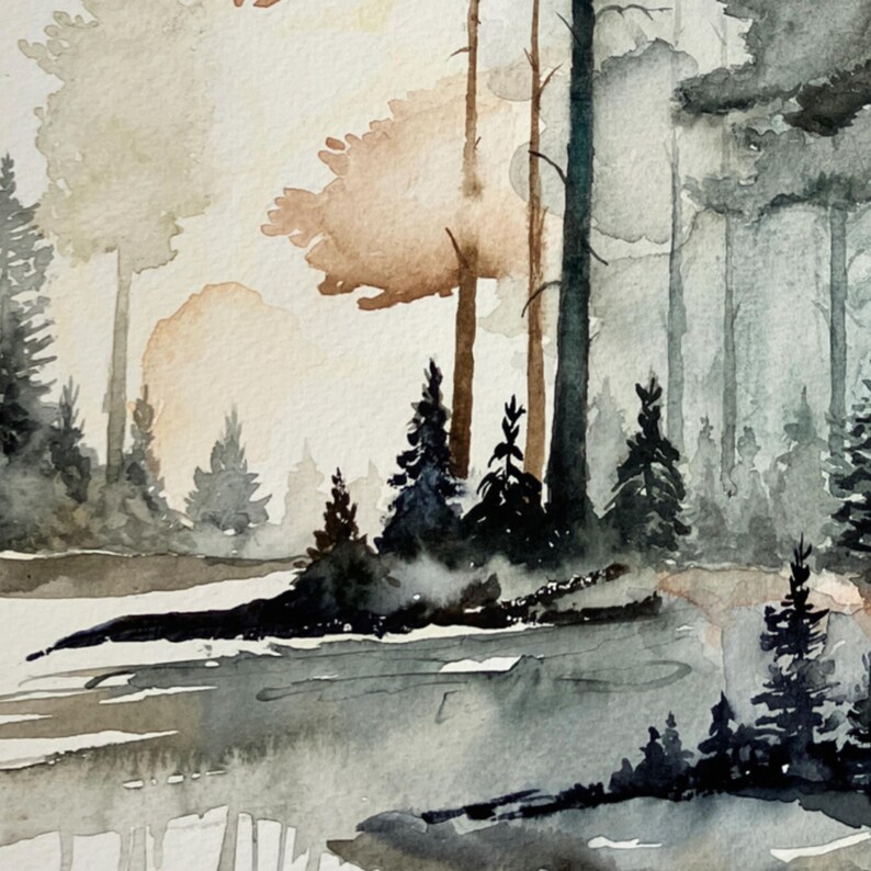 May include: A watercolor painting depicting a forest landscape with tall, dark evergreen trees and lighter, muted brown foliage. The scene features a misty, atmospheric quality with soft washes of gray, black, and warm tan tones across the paper.