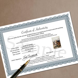 May include: A certificate of authenticity for a watercolor painting titled "Mustang on the Run" by Joseph R. Schaub. The artwork measures 15 x 22 inches and was created in 2025. The certificate includes the artist's signature and copyright information.