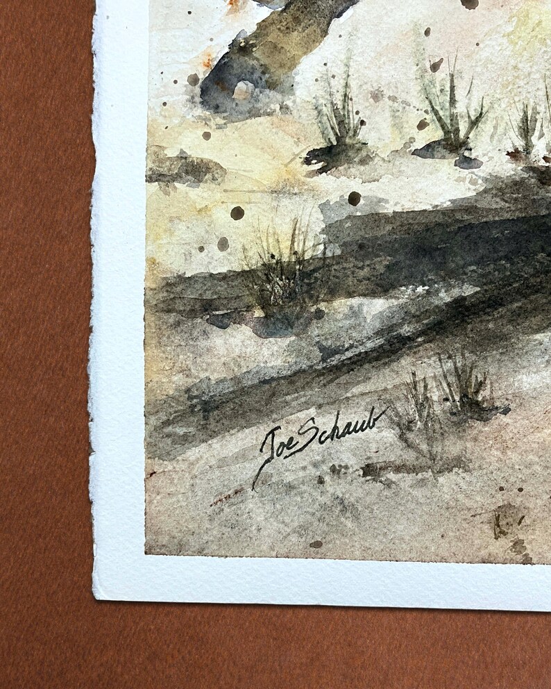 May include: Watercolor painting of a landscape scene with a neutral color palette. The artwork features a sandy ground, dark shadows, and tufts of grass. The artist's signature, "Joe Schaub," is visible in the lower right corner.