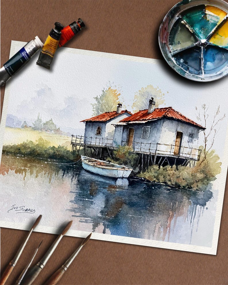 May include: Watercolor painting of two small, light blue houses with red roofs on stilts over water. A white boat floats nearby. The painting includes reflections in the water and is signed "Joe Scralla". Paint tubes and a palette are in the image.