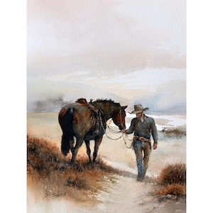 May include: Watercolor painting of a cowboy leading a saddled horse along a dirt path. The cowboy wears a hat, blue shirt, and jeans. The horse is brown with a dark mane and tail. The background features a muted landscape.