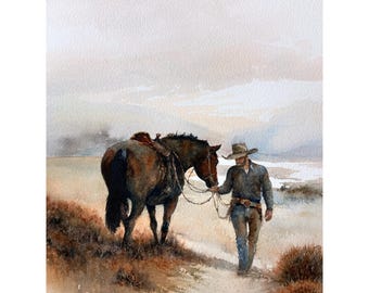 Cowboy Horse Desert Trail Original Watercolor Painting – Western Scene Art
