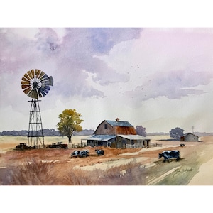 May include: Watercolor painting of a rural farm scene. A windmill stands tall next to a barn with a rusty roof. Cows graze in a field of dry grass under a cloudy sky. The artist's signature is in the lower right corner.