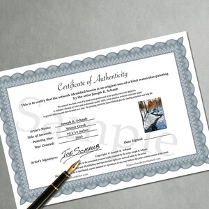 May include: A certificate of authenticity for a watercolor painting titled "Winter Creek" by Joseph R. Schaub. The painting size is 10 x 14 inches and was created in 2025. The certificate includes the artist's signature and copyright information.