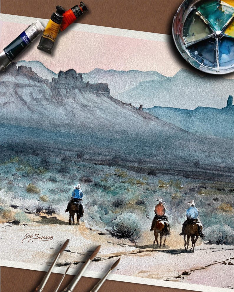 Original Watercolor Painting, Three Riders, Western Desert Landscape, Horse Art image 2