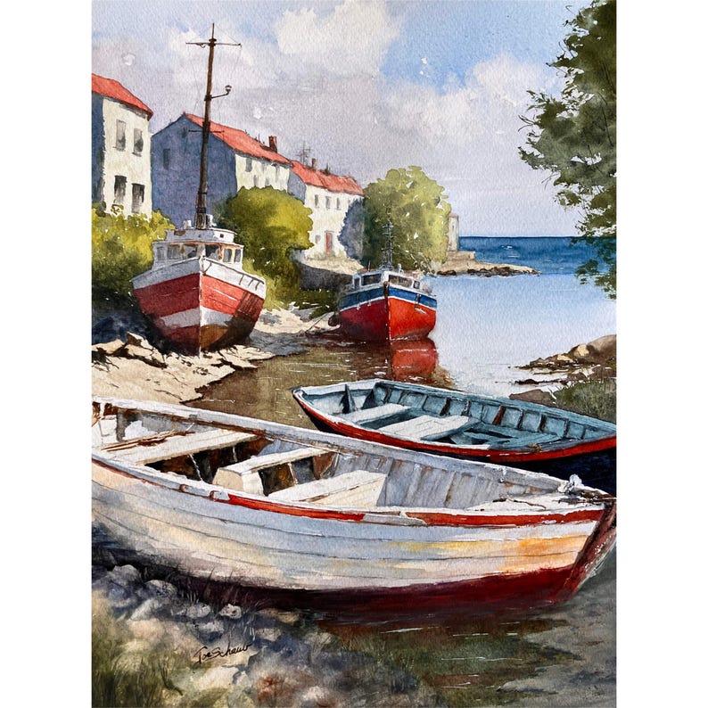 May include: Watercolor painting of a coastal scene with several boats beached near buildings with red roofs. The boats are painted in red, white, and blue, with a calm sea in the background under a blue sky.