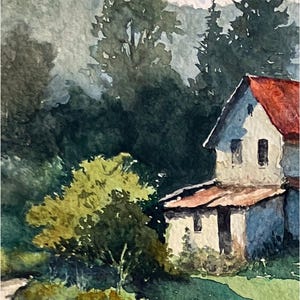 May include: Watercolor painting of a rural landscape featuring a white house with a red roof. Lush green trees and foliage surround the house, with a path leading towards it. The sky is a light blue with hints of clouds.