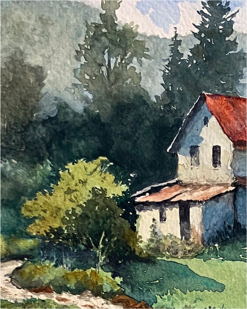 May include: Watercolor painting of a rural landscape featuring a white house with a red roof. Lush green trees and foliage surround the house, with a path leading towards it. The sky is a light blue with hints of clouds.