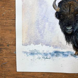 May include: A watercolor painting on textured white paper depicting the head and shoulders of a dark brown bison. The animal has a curved horn and shaggy fur. The artist's signature, Joe Schaub, is written in black ink at the bottom left corner.
