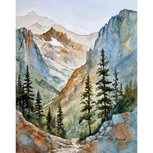May include: Watercolor painting of a mountain landscape. The artwork depicts towering mountains in shades of blue, brown, and white, with a valley and a path leading through the scene. Evergreen trees are scattered throughout the landscape. Signed by Joe Schaub.