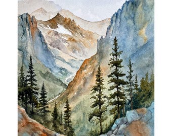 Original Watercolor Painting – Glacier Pass Landscape, Alpine Valley Art