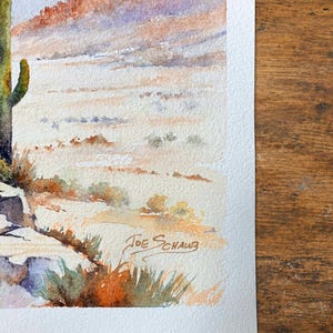 May include: A watercolor painting on textured paper depicting a desert landscape with a tall green saguaro cactus, rocky terrain, and distant orange cliffs. The artist's signature, Joe Schaub, is written in ink in the lower right corner.