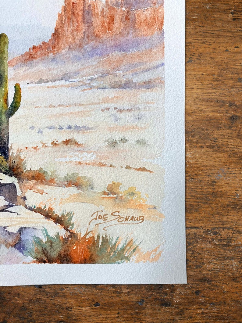May include: A watercolor painting on textured paper depicting a desert landscape with a tall green saguaro cactus, rocky terrain, and distant orange cliffs. The artist's signature, Joe Schaub, is written in ink in the lower right corner.