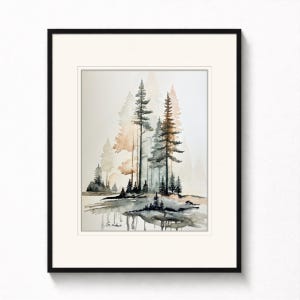 May include: A framed watercolor painting depicting a forest scene with tall pine trees in shades of dark gray, black, and muted orange. The trees are reflected in a body of water at the bottom, and a signature is visible in the lower left corner.