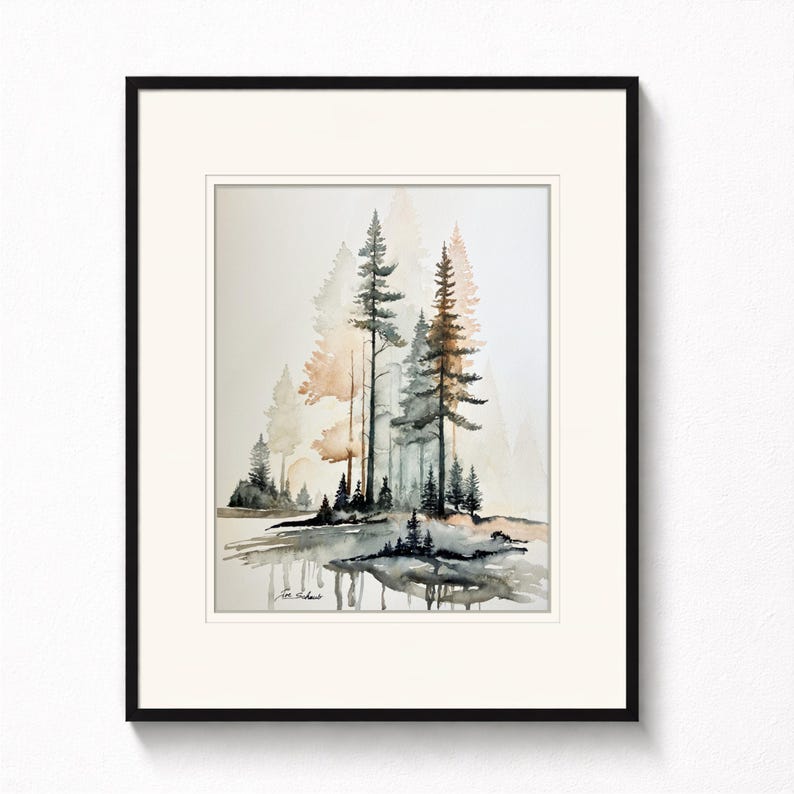 May include: A framed watercolor painting depicting a forest scene with tall pine trees in shades of dark gray, black, and muted orange. The trees are reflected in a body of water at the bottom, and a signature is visible in the lower left corner.