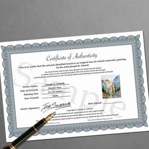 May include: A certificate of authenticity for a watercolor painting titled "Glacier Pass" by Joseph R. Schaub. The painting measures 8 x 10 inches and was created in 2026. The certificate includes the artist's signature and copyright information.