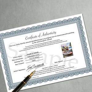 May include: A certificate of authenticity for a watercolor painting titled "Fisherman's Cove" by Joseph R. Schaub. The painting size is 11 x 15 inches and was created in 2025. The certificate includes the artist's signature and a small image of the artwork.