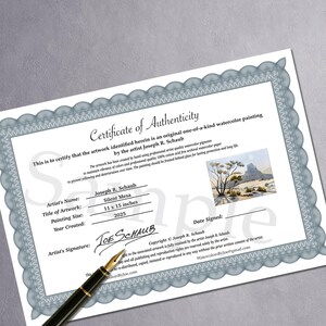 May include: A certificate of authenticity for a watercolor painting, featuring the artist's name, artwork title "Silent Mesa", and size 11 x 15 inches. The document includes the artist's signature and copyright information, with a pen resting on the certificate.