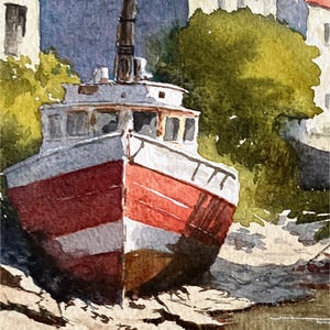 May include: Watercolor painting of a red and white boat beached on a rocky shore. The boat has a white cabin and a tall, dark smokestack. Buildings and green foliage are in the background, with a blue sky above. The artwork is a nautical theme.