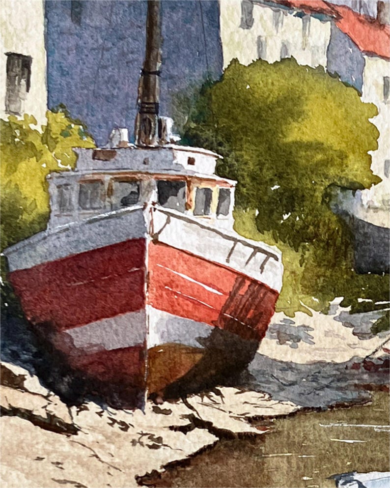 May include: Watercolor painting of a red and white boat beached on a rocky shore. The boat has a white cabin and a tall, dark smokestack. Buildings and green foliage are in the background, with a blue sky above. The artwork is a nautical theme.