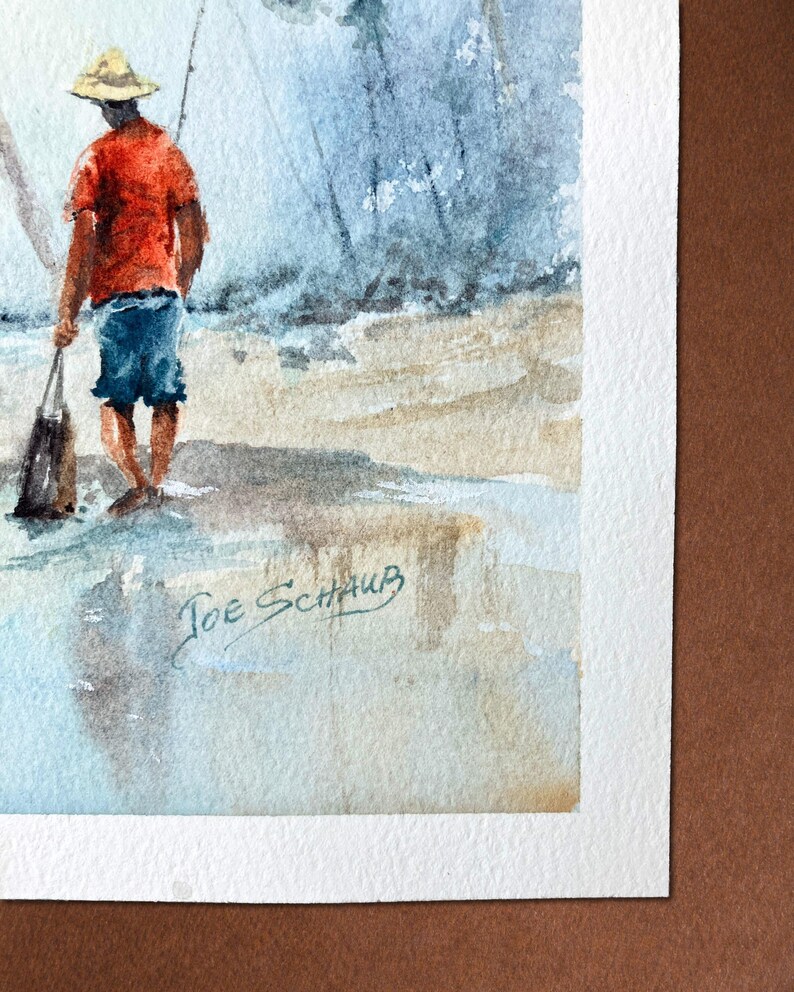 Original Watercolor Painting: Shoreline Fishing Under Palms – Coastal Beach Art bild 4
