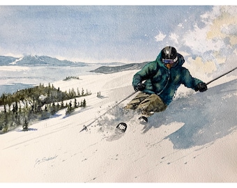 Original Watercolor Painting – Skier on Lake Tahoe Slope, Fresh Powder Art