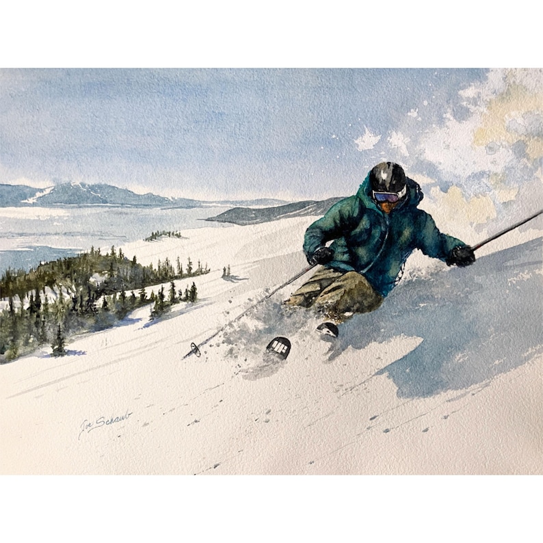 May include: Watercolor painting of a skier carving down a snowy slope. The skier wears a teal jacket, black helmet, and goggles. The background shows a lake, mountains, and evergreen trees. The artist's signature is in the lower left corner.