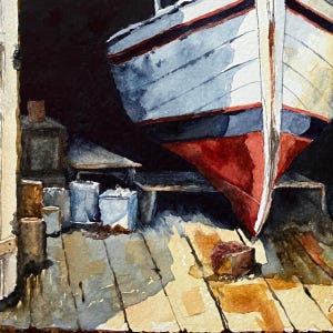 May include: A watercolor painting depicting a white boat with a red hull resting on a wooden dock. The scene includes dark shadows, several cylindrical containers, and a textured wooden floor surface rendered in shades of tan and brown.