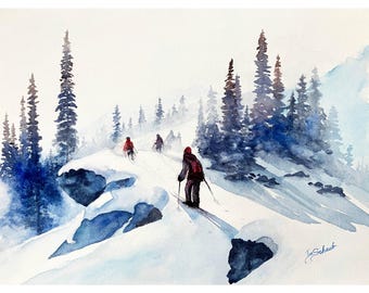 Original Watercolor Painting, Skiing the Rocky Mountains Black Diamond Runs | Title: Chasing Black Diamonds