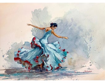 Flamenco Dancer Art, Spanish Dance Original Watercolor Painting, Turquoise Flamenca