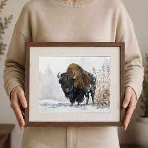 May include: A framed watercolor painting of a bison standing in a snowy landscape with dry grasses. The bison has dark brown and black fur with a lighter brown hump. The artwork is enclosed in a dark brown wooden frame with a white mat border.