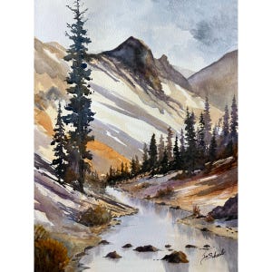 May include: Watercolor painting of a mountain landscape with a stream. The artwork features a dark evergreen tree in the foreground, with snow-capped mountains in the background. The color palette includes shades of brown, gray, and white.