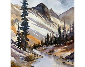 Rocky Mountain Wall Art Original Watercolor Painting – Mountain Peak | Title: Alpine Shadows