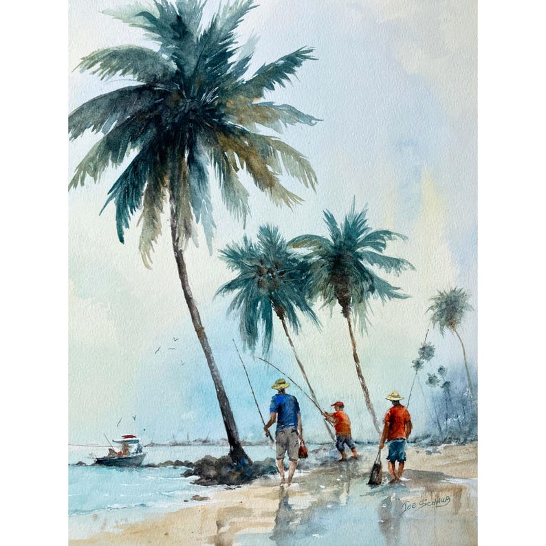 Original Watercolor Painting: Shoreline Fishing Under Palms – Coastal Beach Art bild 1