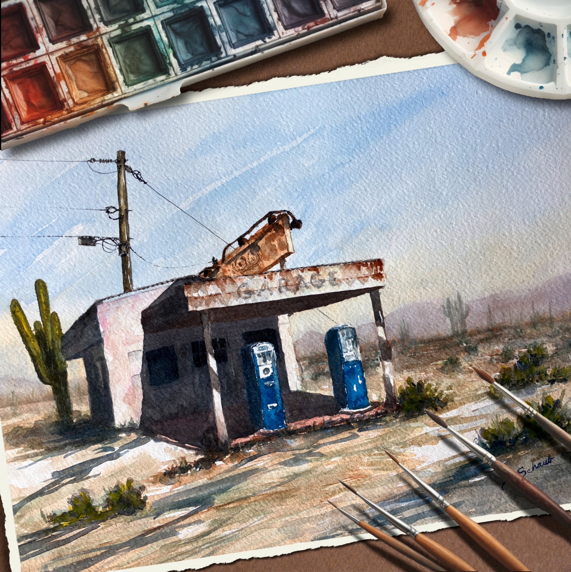 Old Gas Station Watercolor Painting Original 10 X 14 Quartzsite Arizona