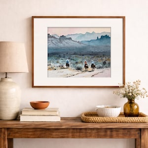Original Watercolor Painting, Three Riders, Western Desert Landscape, Horse Art image 6