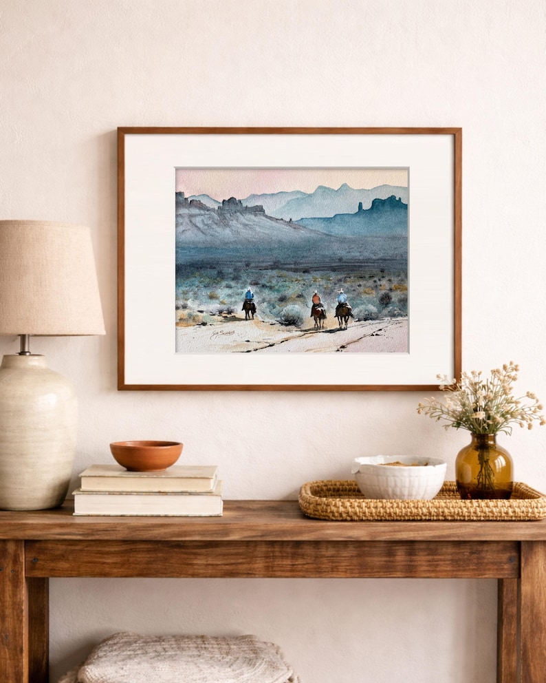 Original Watercolor Painting, Three Riders, Western Desert Landscape, Horse Art image 6