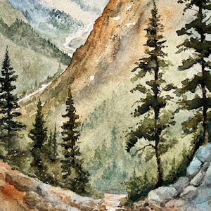 May include: Watercolor painting of a mountain landscape. The artwork depicts a valley with a river, surrounded by trees and mountains. The color palette includes shades of green, brown, and blue, creating a serene and natural scene.