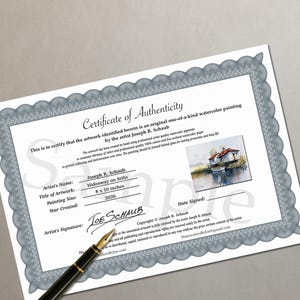 May include: A certificate of authenticity for a watercolor painting titled "Hideaway on Stilts" by Joseph R. Schaub. The artwork measures 8 x 10 inches and was created in 2026. The certificate includes the artist's signature and details about the painting's materials.