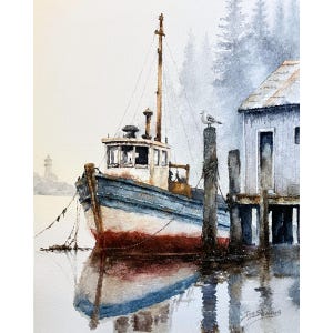 May include: A watercolor painting depicting a blue and white fishing boat moored at a wooden dock. A seagull perches on a piling near a small shed. In the background, a lighthouse is visible through the mist, with trees behind the structure.